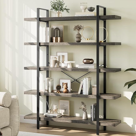 Heavy Duty 5-Tier Industrial Bookcase, 47" Wide Wood Bookshelf for Home Office, 120lbs Shelf Capacity, Rustic Shelving Display with Reinforced Horizontal Shelf for Living Room Bedroom,Grey-DeskLoop Office