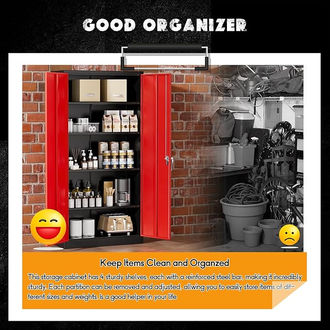 Greenvelly Metal Garage Storage Cabinet with Lock, 72" Metal Storage Cabinet with 2Doors and 4Adjustable Shelves, for Home Office, School,Gym (Black&Red)-DeskLoop Office