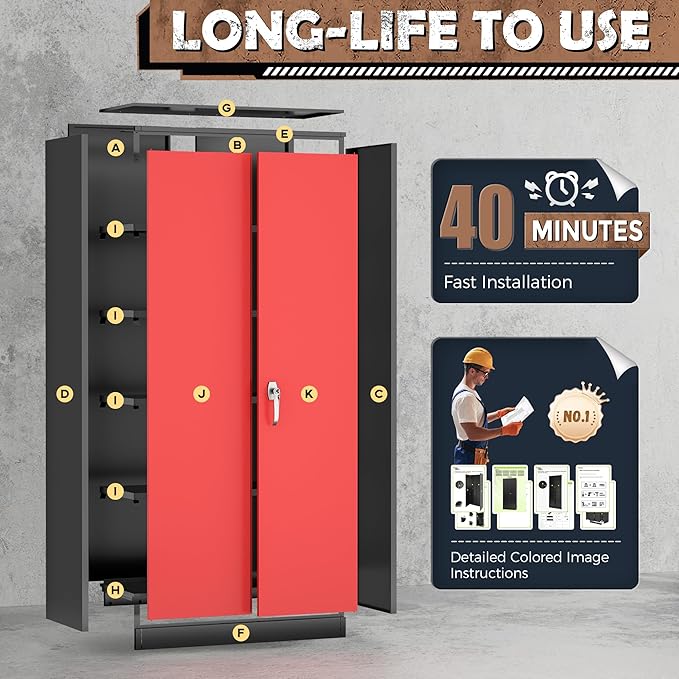 INTERGREAT Metal Lockable Storage Cabinet, 72” H Storage Cabinet with 2 Doors and 4 Adjustable Shelves for Office, Home, Garage, Pantry (Assembly Required, 18”D, Black Red)-DeskLoop Office