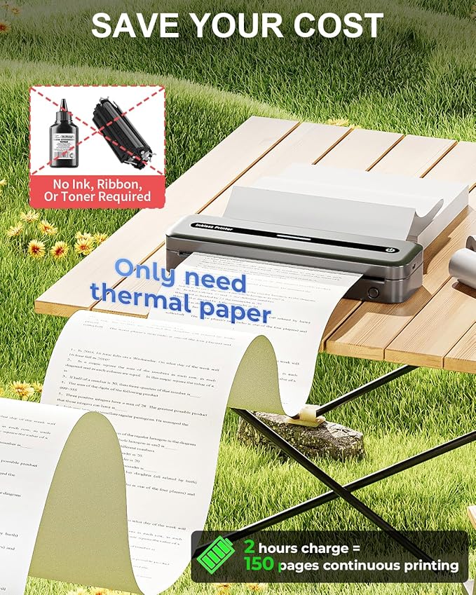 COLORWING Portable Printers Wireless for Travel, 300DPI Mini Compact Inkless Printer, Thermal Bluetooth Printer Compatible with Android and iOS Smartphone & Tablet & Laptop - Gray-DeskLoop Office