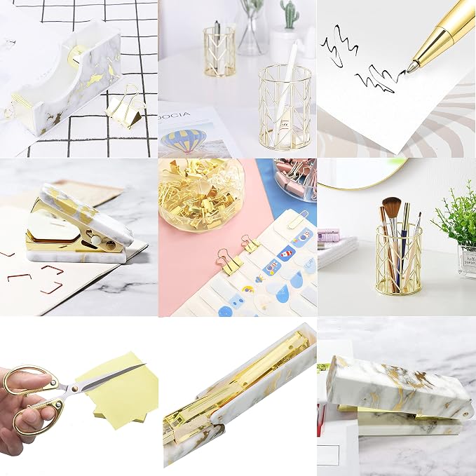 Gold Marble Desk Accessories, Office Supplies Set Stapler Set Staple Remover - Image 5