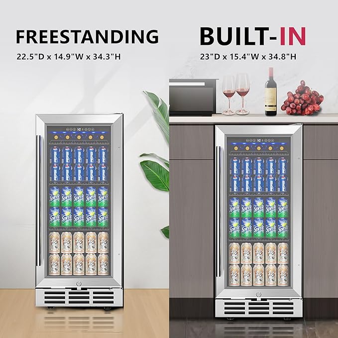 15'' Beverage Refrigerator Cooler - 126 Cans Under Counter Beverage Fridge with LED Light, Built-in Design, Wine Cooler for Home/Kitchen-DeskLoop Office