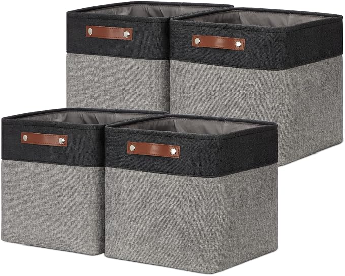 DULLEMELO Cube Collapsible Storage Bins, 12 inch Fabric Storage Cubes Bins Canvas Organization Baskets, Linen Closet Organizers Boxes for Home Organization and Storage (4 Pack - 12" Black&Grey)-DeskLoop Office