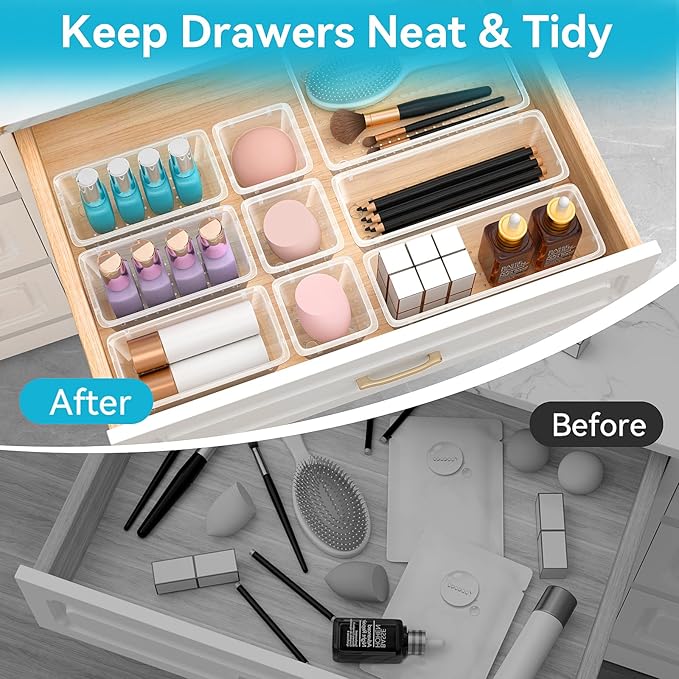 12-Piece Drawer Organizer Set, 4 Sizes Clear Plastic Makeup Vanity Organizer for Makeup, Stationery, Gadgets, Kitchen, Bathroom, Office, Bedroom
