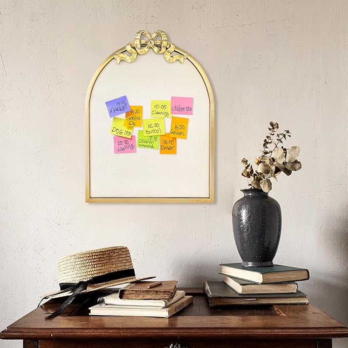 Vintage Arched Linen Cork Board with Gold Bowknot – Decorative Bulletin Board for Walls, Iron Frame Pin Board for Notes, Photos & Reminders, Elegant Vision Board for Home & Office 16"x21"-DeskLoop Office