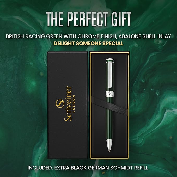 Scriveiner Green Ballpoint Pen - Stunning British Racing Green Luxury Pen, Chrome Finish, Schmidt Black Refill, Best Ball Pen Gift Set for Men & Women, Professional Executive Office, Nice Designer Pen-DeskLoop Office