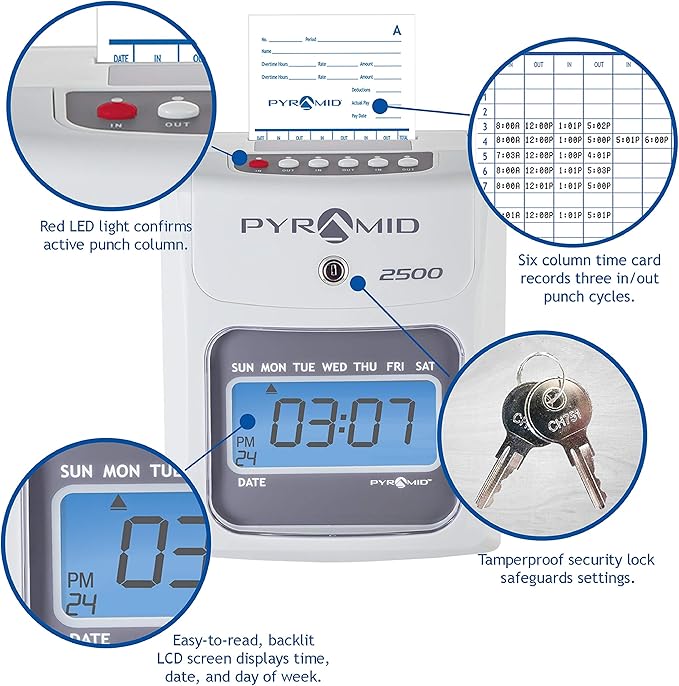 Pyramid Time Systems - Model 2500 Auto Aligning and Top Loading Time Clock [2500K1] Bundle Includes: Time Clock, 100 Time Cards, 2 Ink Ribbon cartridges, one 10 slot time card rack and 2 Security Keys-DeskLoop Office