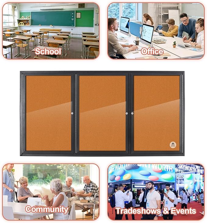 Enclosed Bulletin Board Lockable,3 Doors Weatherproof Outdoor Noticeboard with Locking Door, Wall-Mounted Aluminum Framed Presentation Board, 70x36 Inch-DeskLoop Office