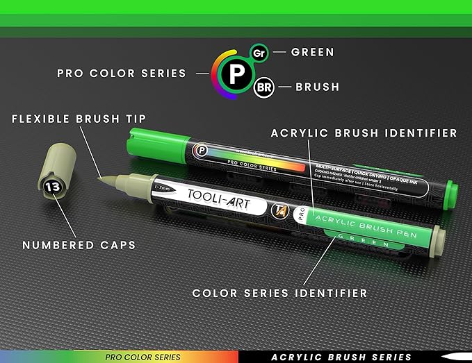 22 Flexible Brush Tip Acrylic Paint Pens Markers Set 1-7mm Line for Rock Painting, Brush Lettering, Glass, Mugs, Wood, Metal, Canvas, Fabric, Plastic. Non Toxic Waterbased Quick Drying Assorted Green-DeskLoop Office
