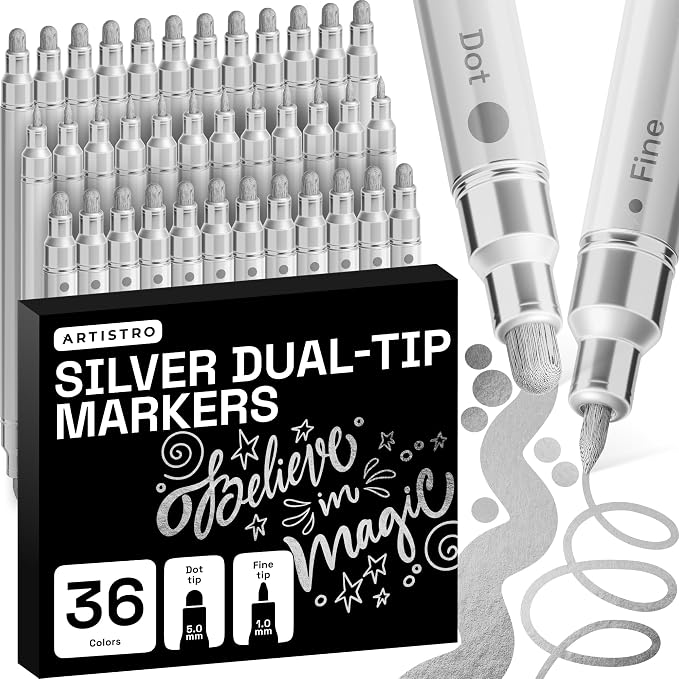 ARTISTRO 36 Silver Dual-Tip Acrylic Paint Markers – Paint Pens Set by ARTISTRO