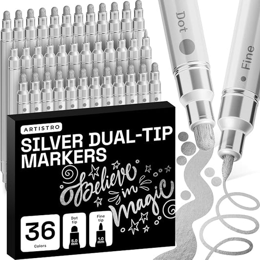 ARTISTRO 36 Silver Dual-Tip Acrylic Paint Markers – Paint Pens Set by ARTISTRO