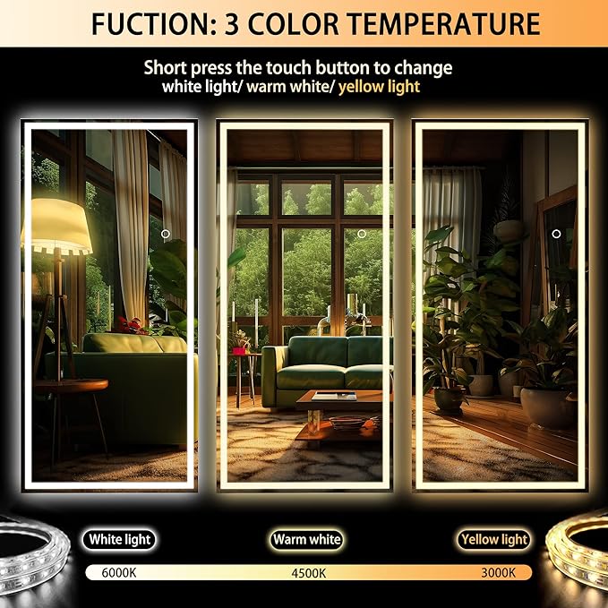 Hasipu Full Length LED Mirror with Lights, 83" x 36" Floor Standing or Hanging Mounted, Full Body Dressing Mirror, Dimmable Light, Tempered Glass, Square Black-DeskLoop Office