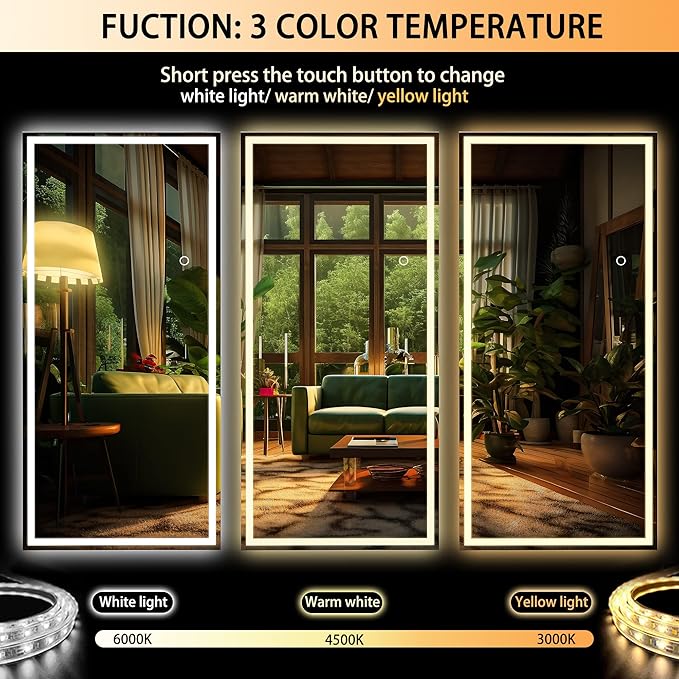 Hasipu Full Length Mirror with Lights, 83" x 36" LED Lighted Floor Standing Mirror, Full Body Dressing Hanging Mounted Mirrors, Dimmable, Tempered Glass, Safe to Use, Square White-DeskLoop Office