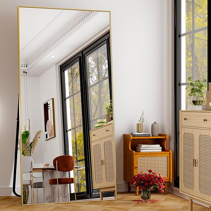GLSLAND 76"x34" Full Length Mirror Extra Large Hanging or Leaning Rectangle Mirror Aluminum Alloy Thin Frame Bedroom Floor Dressing,Gold-DeskLoop Office