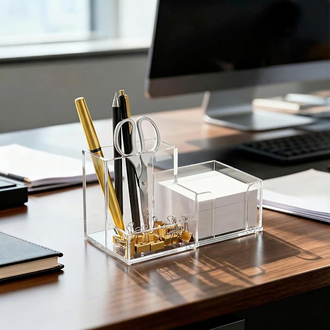 HBlife Acrylic Pen Holder for Desk, 3-Compartment Small Desk Organizer - Image 6