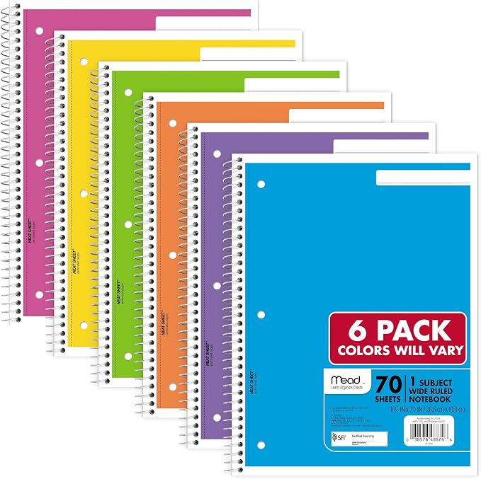 Mead Spiral Notebook, 1 Subject, Wide Ruled Paper, 70 Sheets, Selected Colors by Mead