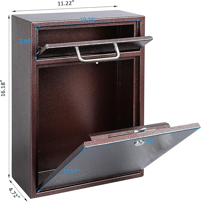 KYODOLED Steel Key Lock Mail Boxes Outdoor,Locking Wall Mount Mailbox,Security Key Drop Box,Collection Boxes,16.2Hx 11.22Lx 4.72W Inches,Bronze X Large-DeskLoop Office