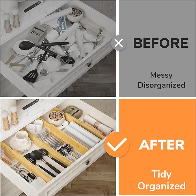 BAMEOS 3" H Bamboo Drawer Dividers - Adjustable Expandable Drawer Organizer - Kitchen, Bathroom, Bedroom & Office, 4-pack-DeskLoop Office