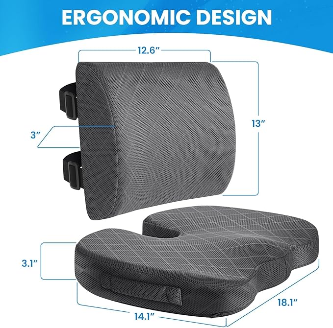 TushGuard Office Chair Cushions with Handles, Back&Seat Cushion, Sciatica & Back Coccyx Tailbone Discomfort Easing Chair Pad, Memory Foam Lumbar Support Pillow for Gaming, Desk, Wheelchair, Car(Grey)-DeskLoop Office