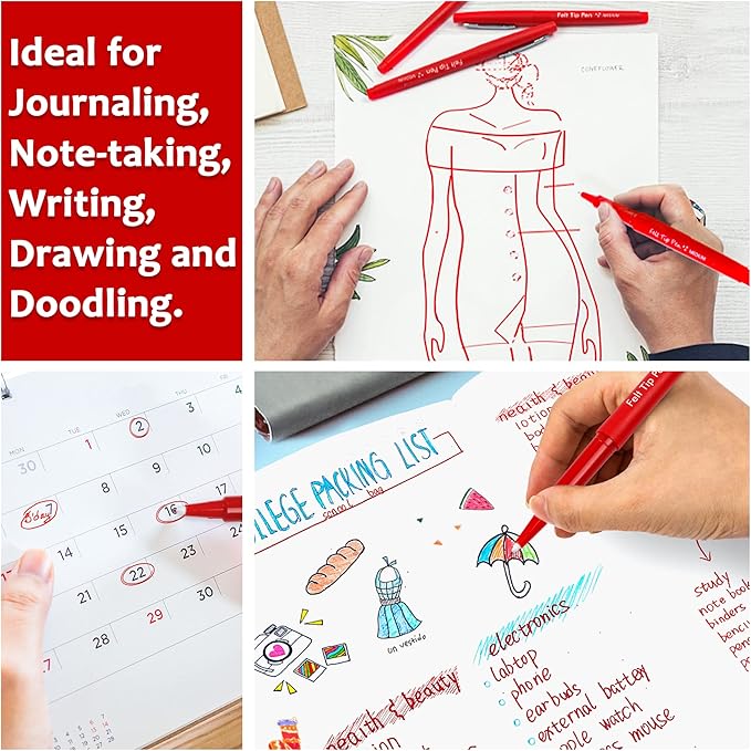 Lelix Felt Tip Pens, 30 Red Pack, 0.7mm Medium Point, Felt Tip Markers Pens for Journaling, Writing, Note Taking, Planner, Perfect for School Office and Art Supplies-DeskLoop Office