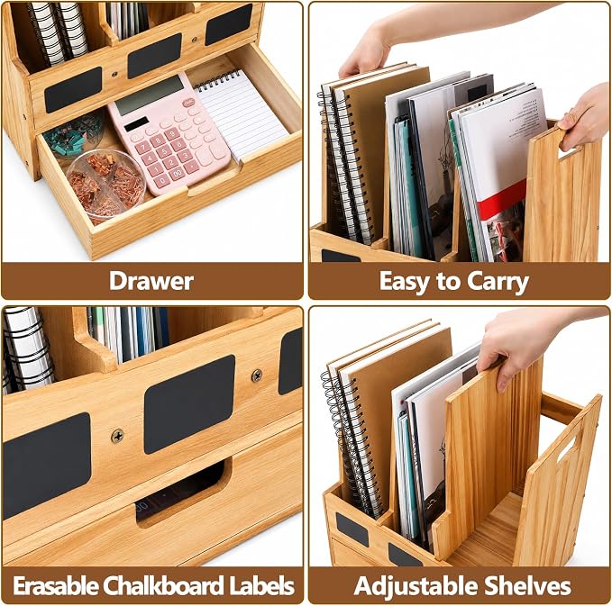 Wood Desk File Organizer, 3-Section Vertical File Holder - Image 3