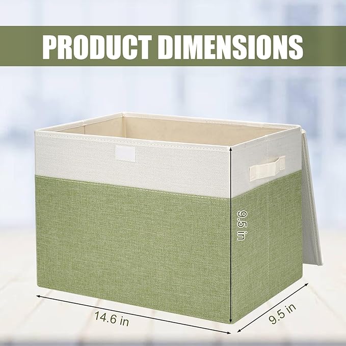 Large 17" 42 Quarts Collapsible Stackable Storage Bins with Lids [3-Pack] Foldable Fabric Linen Storage Boxes Cube, Closet Organizer Baskets with Label for Home (16.7 x 12 x 12", Green & White)-DeskLoop Office