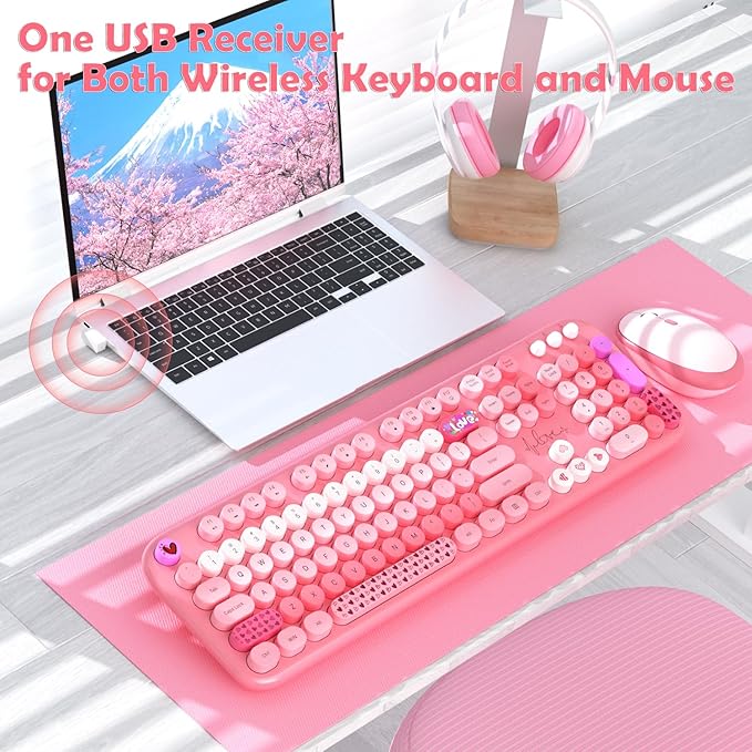 Wireless Keyboard and Mouse,MOFII 104 Round Keys Lovely Full-Size Cute Colorful Keyboard and Mouse with Retro Typewriter for PC/Mac/Laptop/Tablet/Computer/Windows Pink-DeskLoop Office