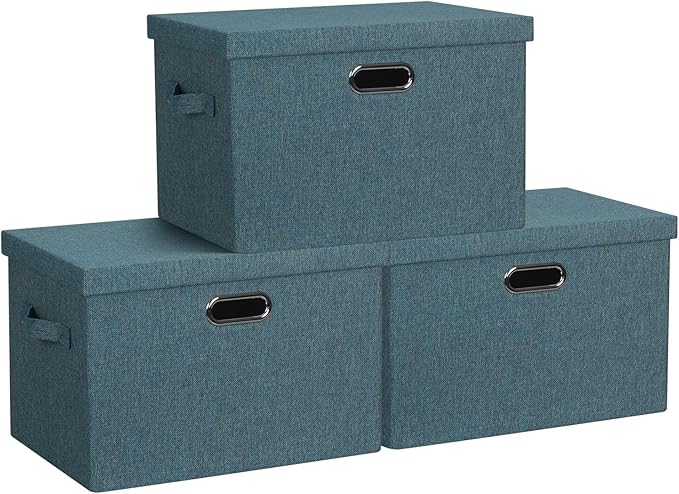 Large 17" 36 Quart Collapsible Stackable Storage Bins with Lids, 3 Packs Blue-Green Linen Fabric Closet Boxes with Lids, Storage Cube Baskets Container Organizers for Bedroom (17x12x11)-DeskLoop Office