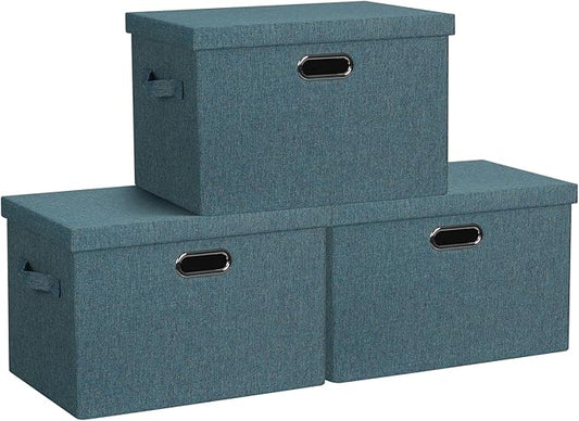 Large 17" 36 Quart Collapsible Stackable Storage Bins with Lids, 3 Packs Blue-Green Linen Fabric Closet Boxes with Lids, Storage Cube Baskets Container Organizers for Bedroom (17x12x11)-DeskLoop Office