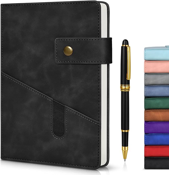 Black A5 Lined Leather Journal Notebook for Men Women,5.9" X 8.4" Personalized Hardcover Journal with Pen,200 Pages 100 Gsm Thick Ruled Paper Daily Diary for School,Travel,Work,Writing-DeskLoop Office
