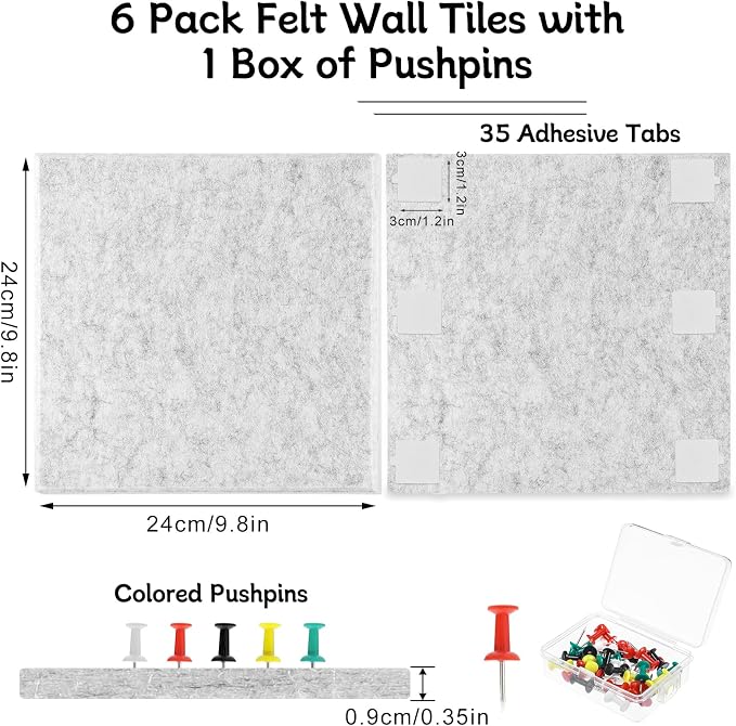 Thboxes Large Cork Board 28" x 19", 6 Pack Felt Wall Tiles - Image 3