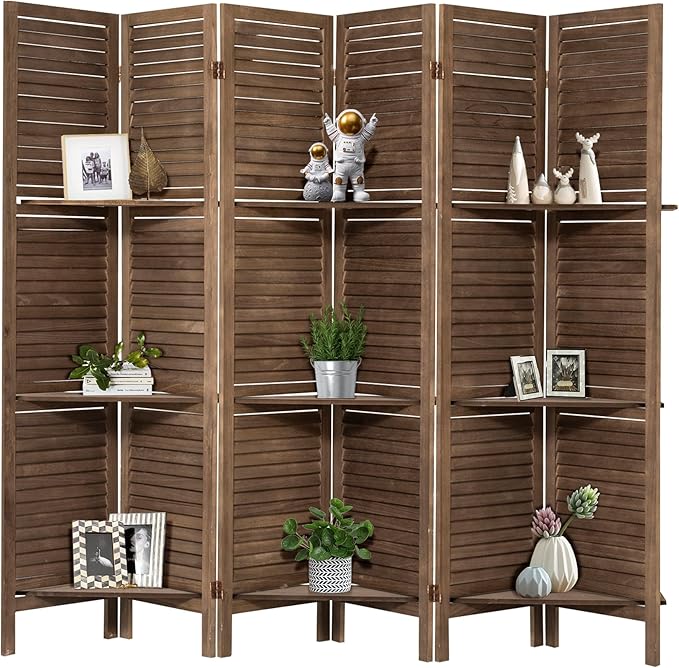 NicBex 6 Panel Room Divider,5.6FT Wood Carved Room Dividers with Display Shelves Folding Privacy Screens Portable Freestanding Partition Wall Dividers for Room Separation, Bedroom Office,Dark Brown-DeskLoop Office