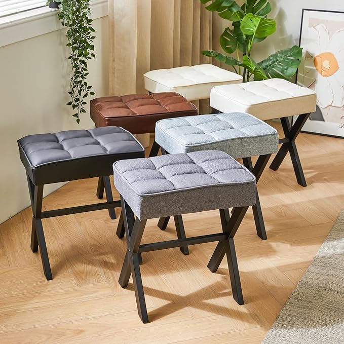 IBUYKE Square Makeup Stool with X-Leg Foot Rest, PU Footrest, Ottoman Seat Vanity Stool, Multi-Use as Small Side Table, for Bedroom, Living Room, Dark Brown LG-71Z-DeskLoop Office