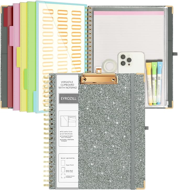 Spiral Clipboard Folio with Storage Pockets 8.5 x 11 Folder Refillable Lined by EYROZILL