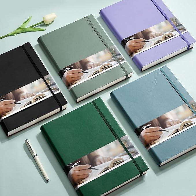 EMSHOI A4 College Ruled Notebook Journal- 400 Pages (200 sheets), 7mm Spacing & Vegan Leather Cover for Work, School, Bible Study, Bullet Journaling- with Sticky Notes, Pocket & Pen Holder- Purple