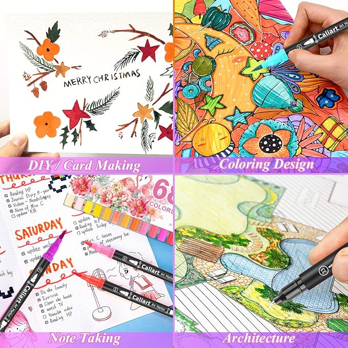 Caliart 34 Double Tip Brush Pens Art Markers, Aesthetic Cute Preppy Stuff School Supplies, Artist Fine & Brush Pen Coloring Markers for Kids Adult Book Cards Drawing Craft Kit Teacher Office Supplies-DeskLoop Office