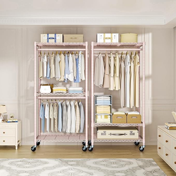 P1 Medium Heavy-Duty Portable Closet, 30" W x 14" D x 76" H, Metal Rolling Clothing Rack, Pink-DeskLoop Office