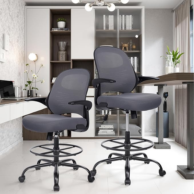 HYLONE Tall Drafting Chair Standing Desk Chair with Flip-Up Armrests, Adjustable Height Ergonomic Office Chair with Footrest Ring - High Stool Chair for Standing Desk (Dark Grey)-DeskLoop Office