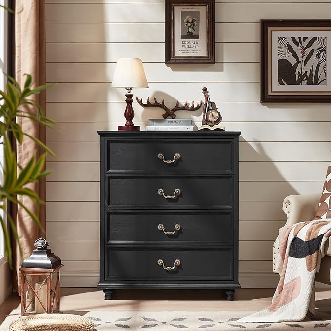 Farmhouse 4 Drawer Dresser Set of 2 for Bedroom, 37" Tall Rustic Chests of Drawers w/ 4 Solid Wood Feet, Mid Century Vintage Wooden Closet Storage Dressers Organizer for Living Room, Black-DeskLoop Office