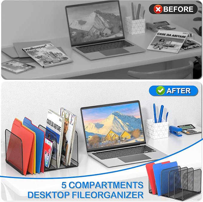 TOPCJ 5 Sections Desk File Holder/Rack/Sorter, Mesh File Organizer, File Folder - Image 6