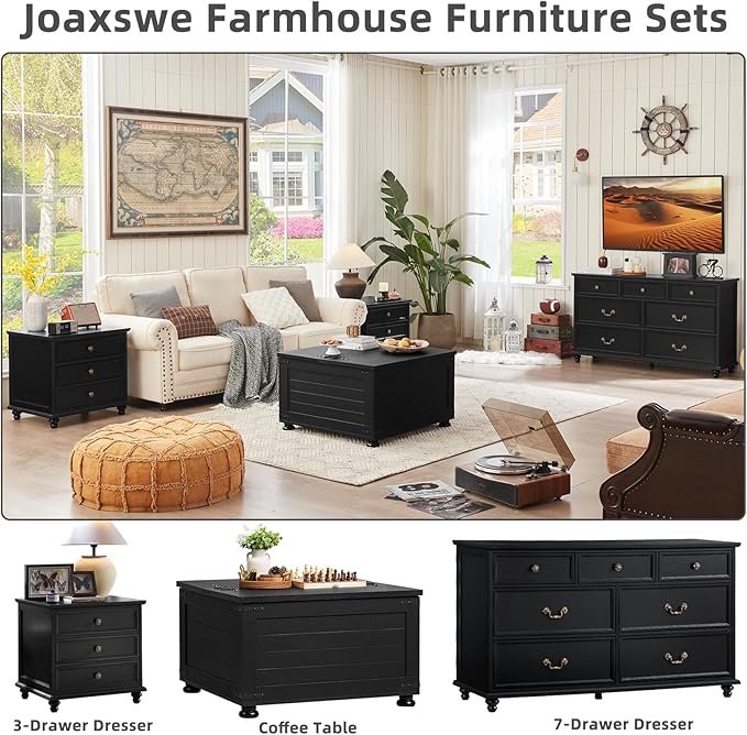 24" Wide Farmhouse Night Stand,Large End Table with 3 Drawers & Metal Handle,Black Wood Dresser for Bedroom Cabinet, Bed Side Tabl·e Chest of Drawers,Nightstand for Living Room,Close-DeskLoop Office