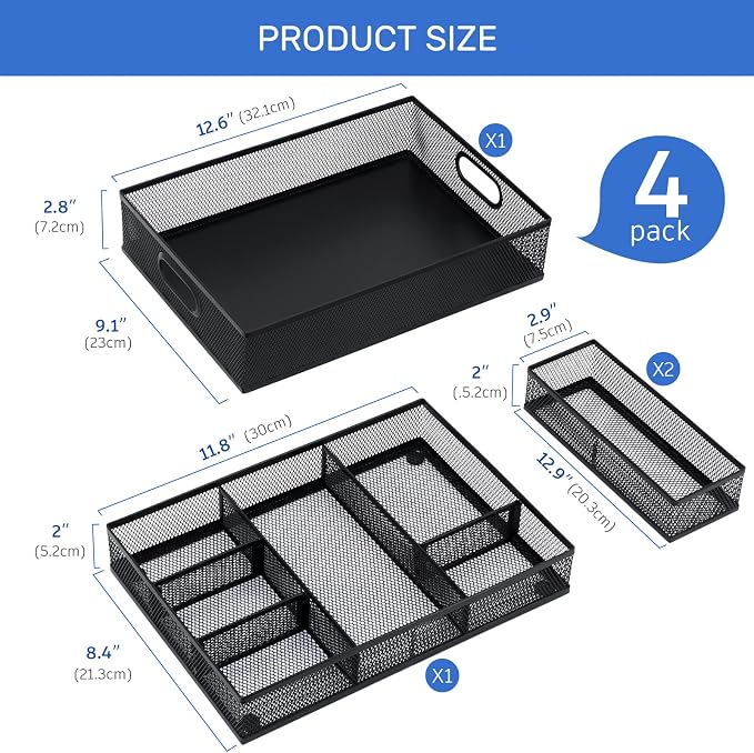Neudeco Desk Drawer Organizer, 4 Pack Metal Mesh, Pen Organizer, Office - Image 2