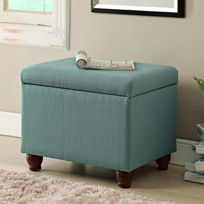 Home Decor | Upholstered MediumRectangular Storage Ottoman | Hinged Lid Ottoman with Storage for Living Room & Bedroom, Aqua Linen-DeskLoop Office