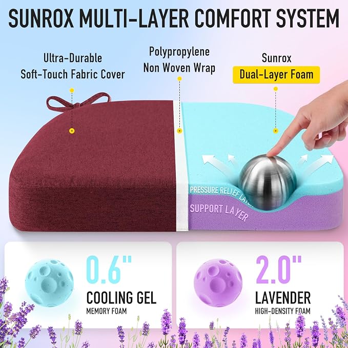 SUNROX Cooling Gel Memory Foam Chair Cushions, 2.6" Thick U-Shaped Dual-Layer - Image 2