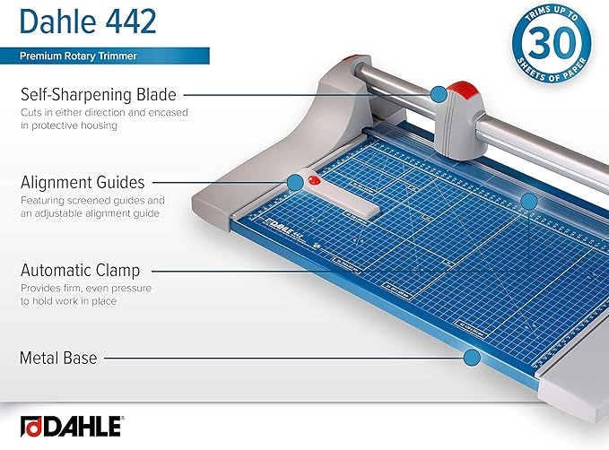 Dahle 442 Premium Rotary Trimmer, 20" Cut Length, 30 Sheet Capacity, Self-Sharpening, Automatic Clamp, German Engineered Paper Cutter-DeskLoop Office