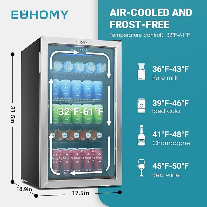 EUHOMY Beverage Refrigerator Cooler, 130 Can Mini Fridge with Glass Door for Soda Beer or Wine, Beverage Cooler for Home, Office, Bar with Adjustable Removable Shelves, Silver-DeskLoop Office