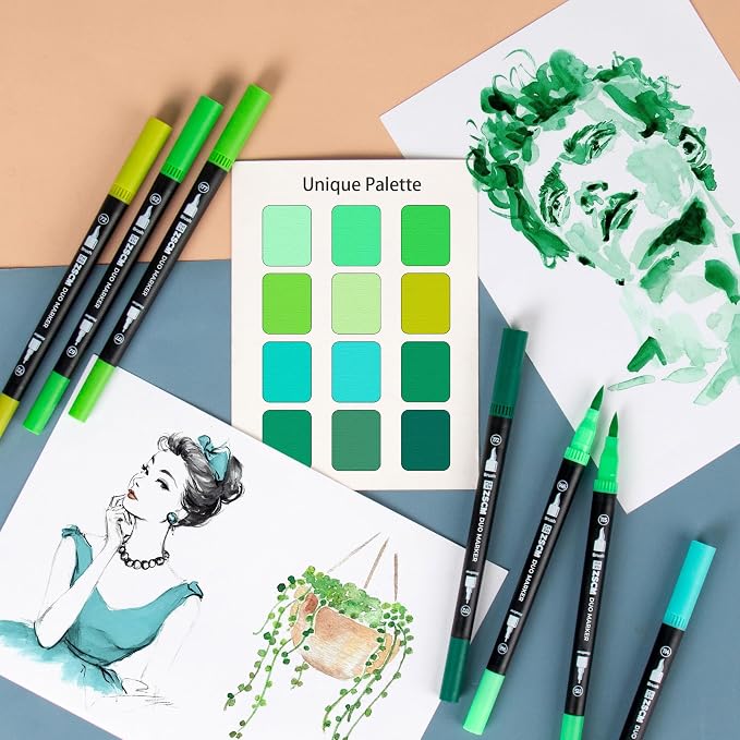 ZSCM Green Duo Tip Marker Pens, 12 Pack Fine & Brush Markers - Image 5