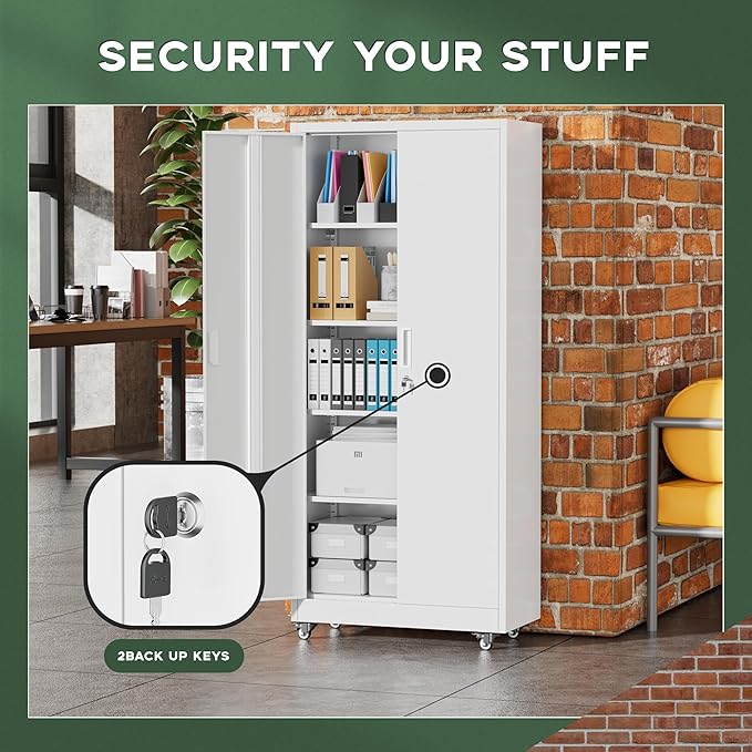 Greenvelly 73" Metal Storage Cabinet with Wheel and Pegboard, Lockable White Metal Garage Cabinets with 2 Doors and 4 Adjustable Shelves, Rolling Steel Tool Cabinet for Garage, Home Office, School-DeskLoop Office