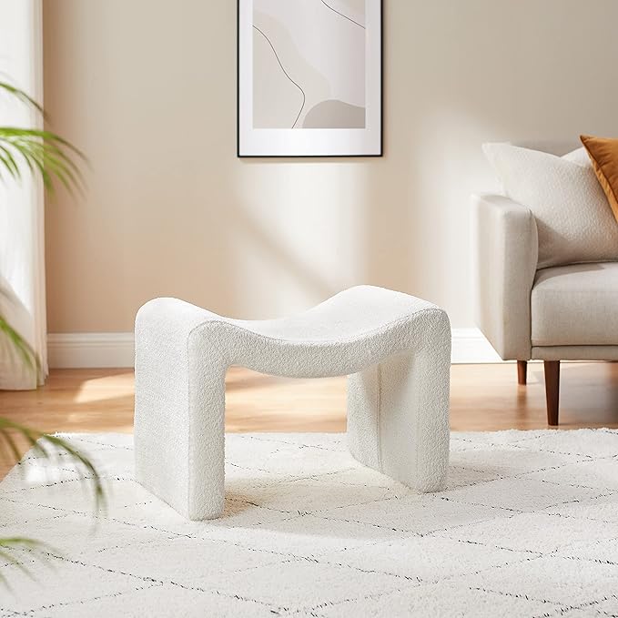 Modern Boucle Ottoman, Vanity Stool Chair, Foot Stool with Wooden Legs Sofa Bench Footstool Extra Seat for Vanity, Makeup Room, Living Room, Entryway, Set 2, White-DeskLoop Office