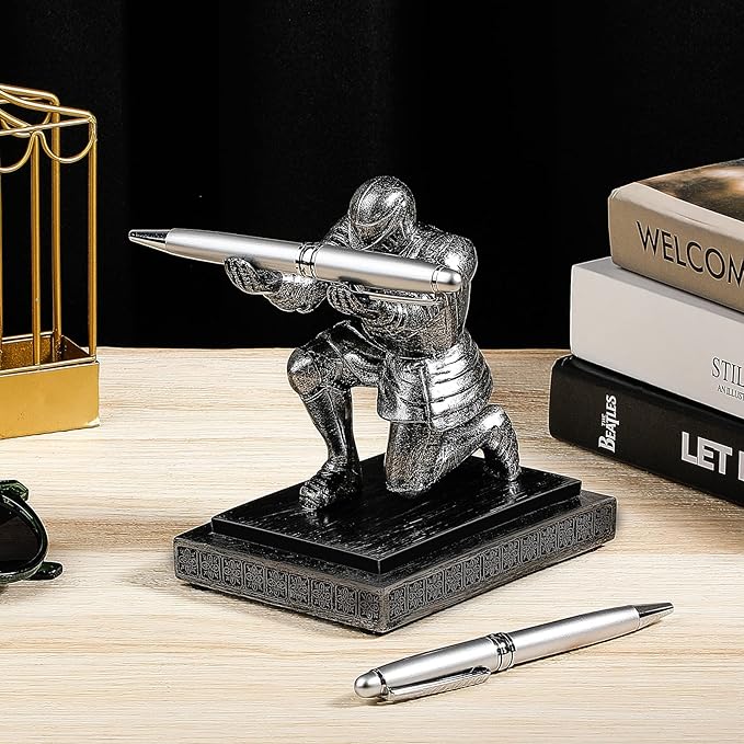 Spakon Knight Pen Holder with 2 Pens Resin Desk Organizers and Accessories Funny Executive Pen Stand Fancy Cool Office Gadgets Cool Desk Decorations for Men Home Supplies(Classic,Iron)-DeskLoop Office